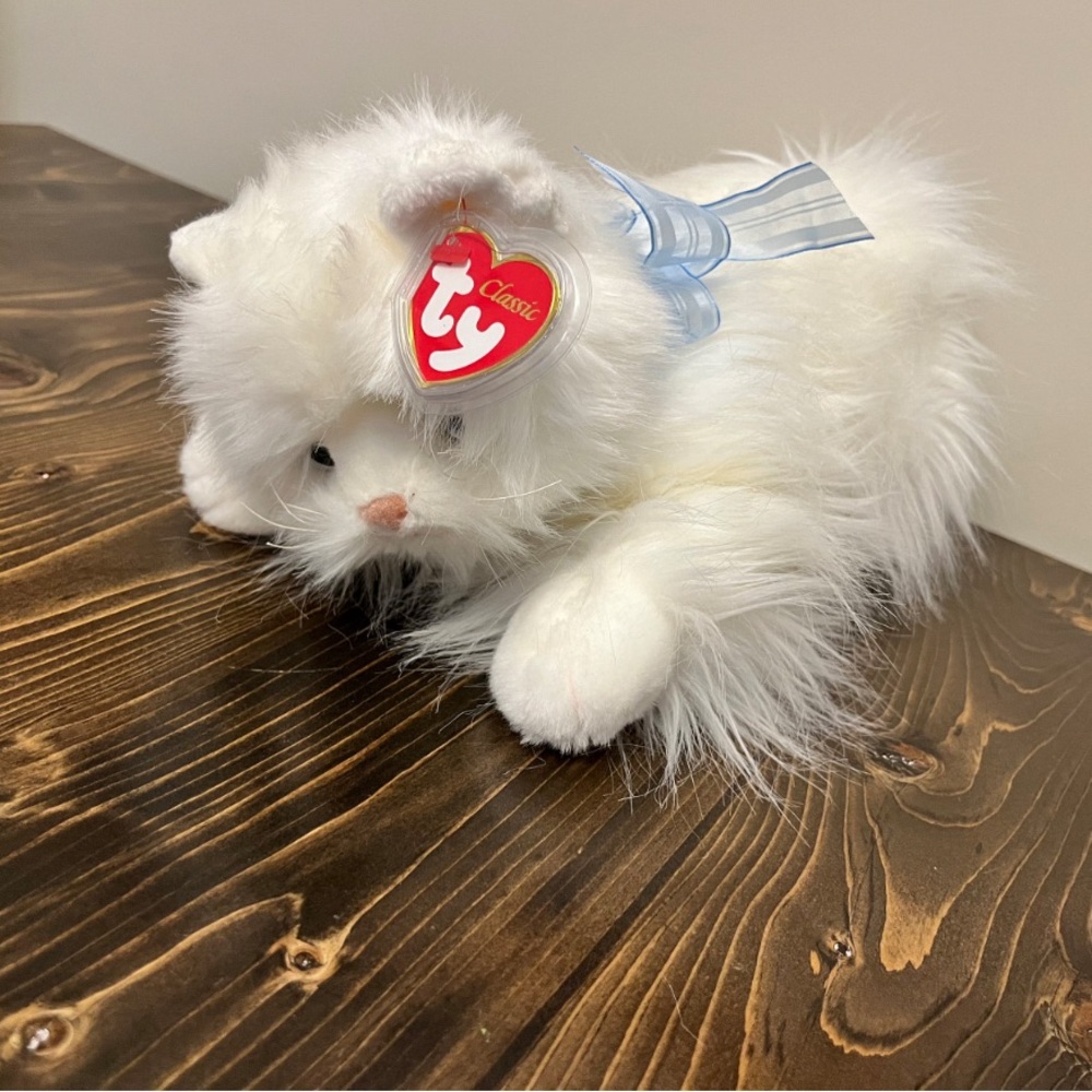 2002 Ty Classic Plush SUGAR the White Persian Cat Blue Ribbon 12"-Rare & Retired